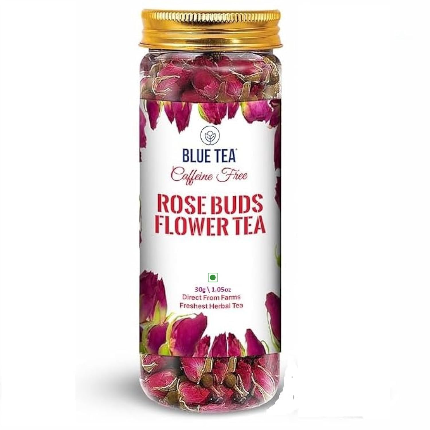 BLUE TEA Rose Buds tea packaging showcases premium, eco-friendly materials.