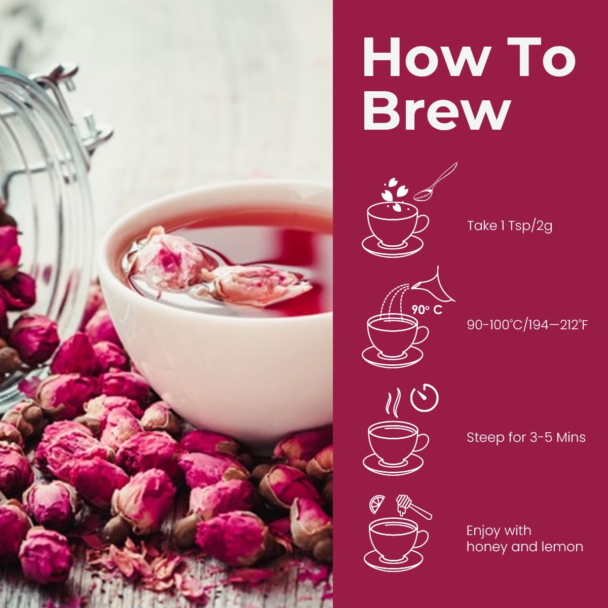 BLUE TEA Rose Buds vegan and GMO-free labeling communicates clean ingredients.