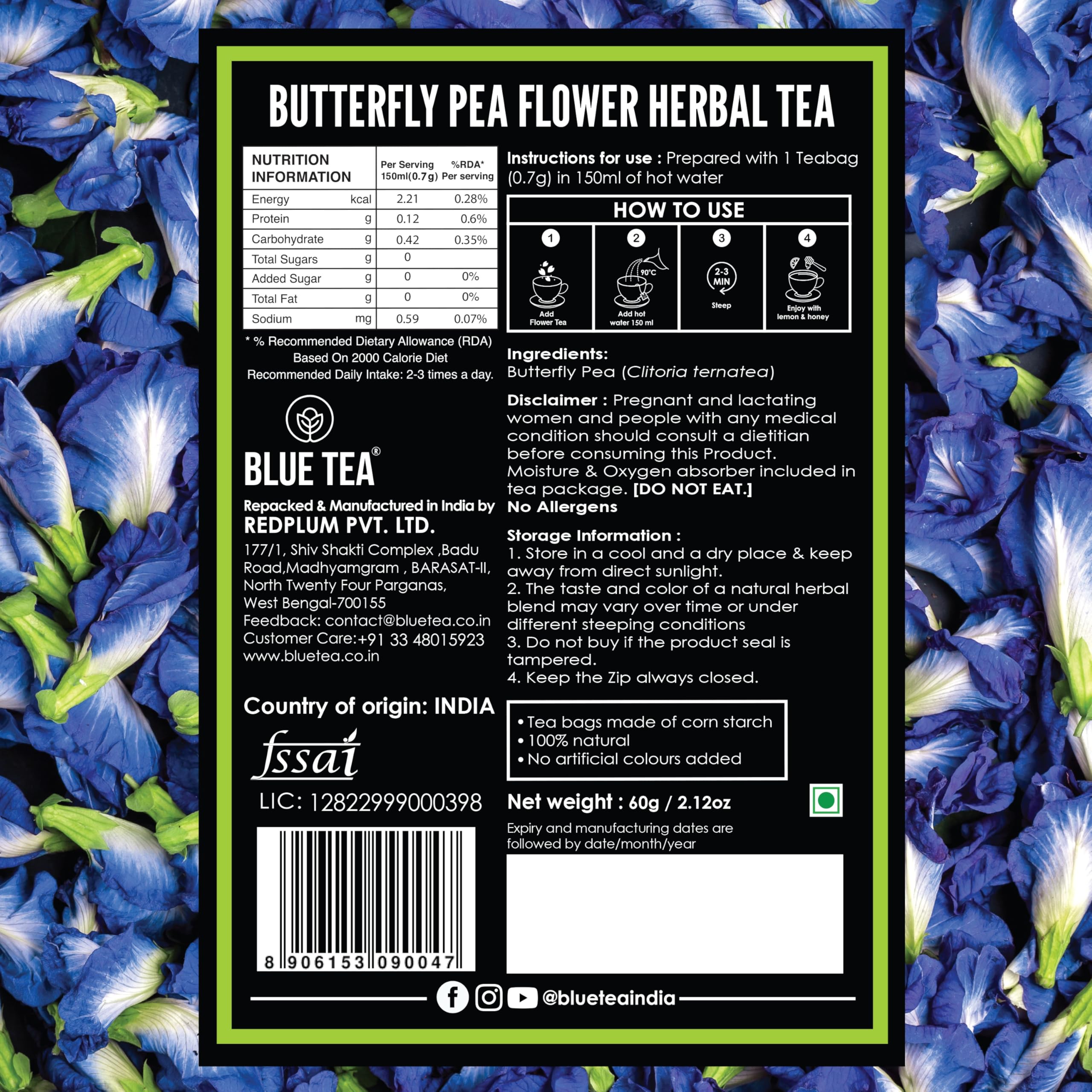 Blue Tea zipper-pack packaging on display