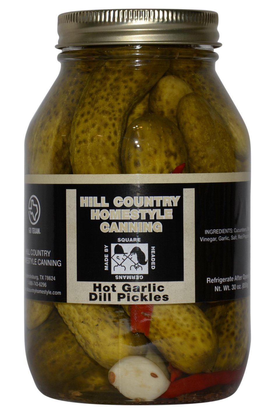 Bluebonnet Creek Farms hot garlic dill pickles jar, crisp and flavorful for snacking.
