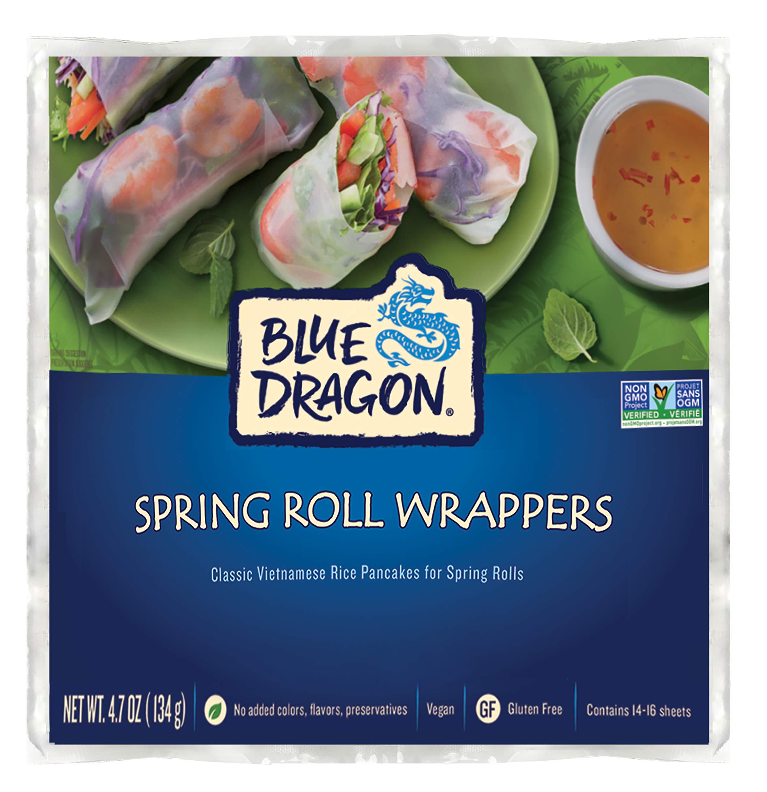 Blue Dragon spring roll wrapper pack, ready for fresh appetizers.