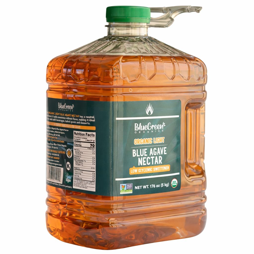 BLUE GREEN ORGANICS LIGHT agave syrup being poured into hot tea for gentle sweetness.