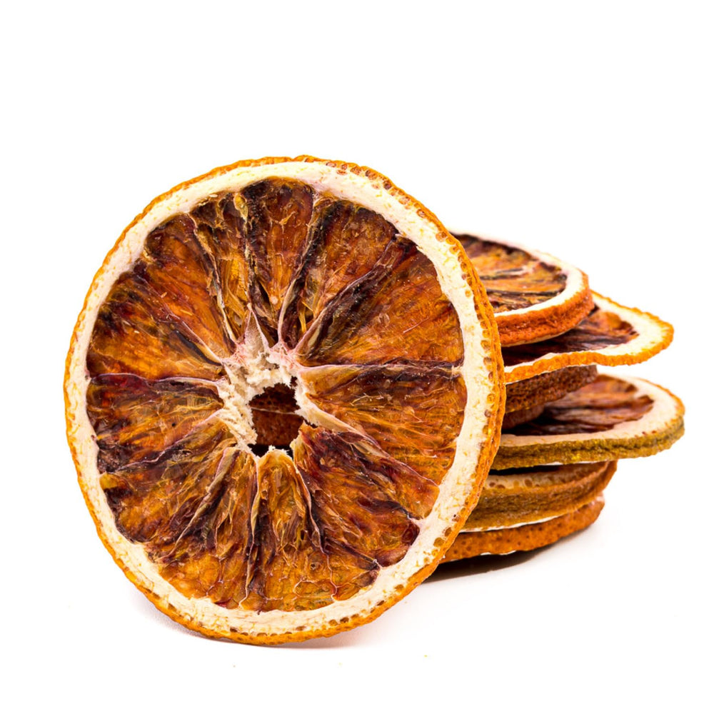 BlueHenry blood orange wheel on a glass adds a colorful garnish.