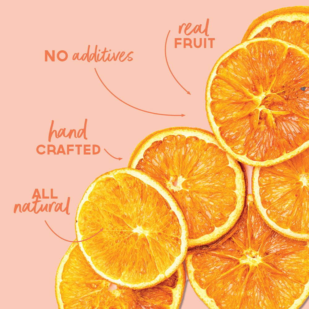BlueHenry dehydrated orange wheels in pantry highlighting long shelf life.