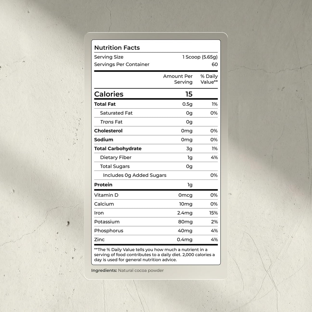 Blueprint Bryan Johnson cocoa powder jar closeup showing elite flavanols for daily wellness