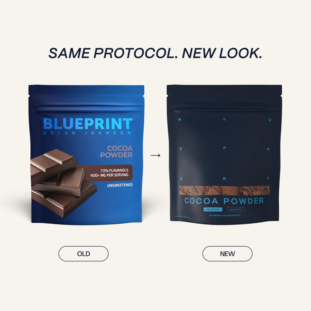 Blueprint Bryan Johnson elite flavanol cocoa powder packaging emphasizing low fat and unsweetened formula