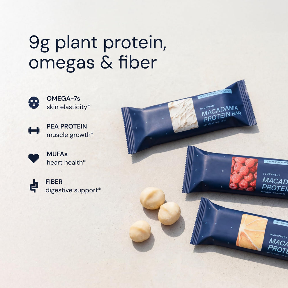 Blueprint Bryan Johnson macadamia bar ingredient list highlights no gums or fillers
