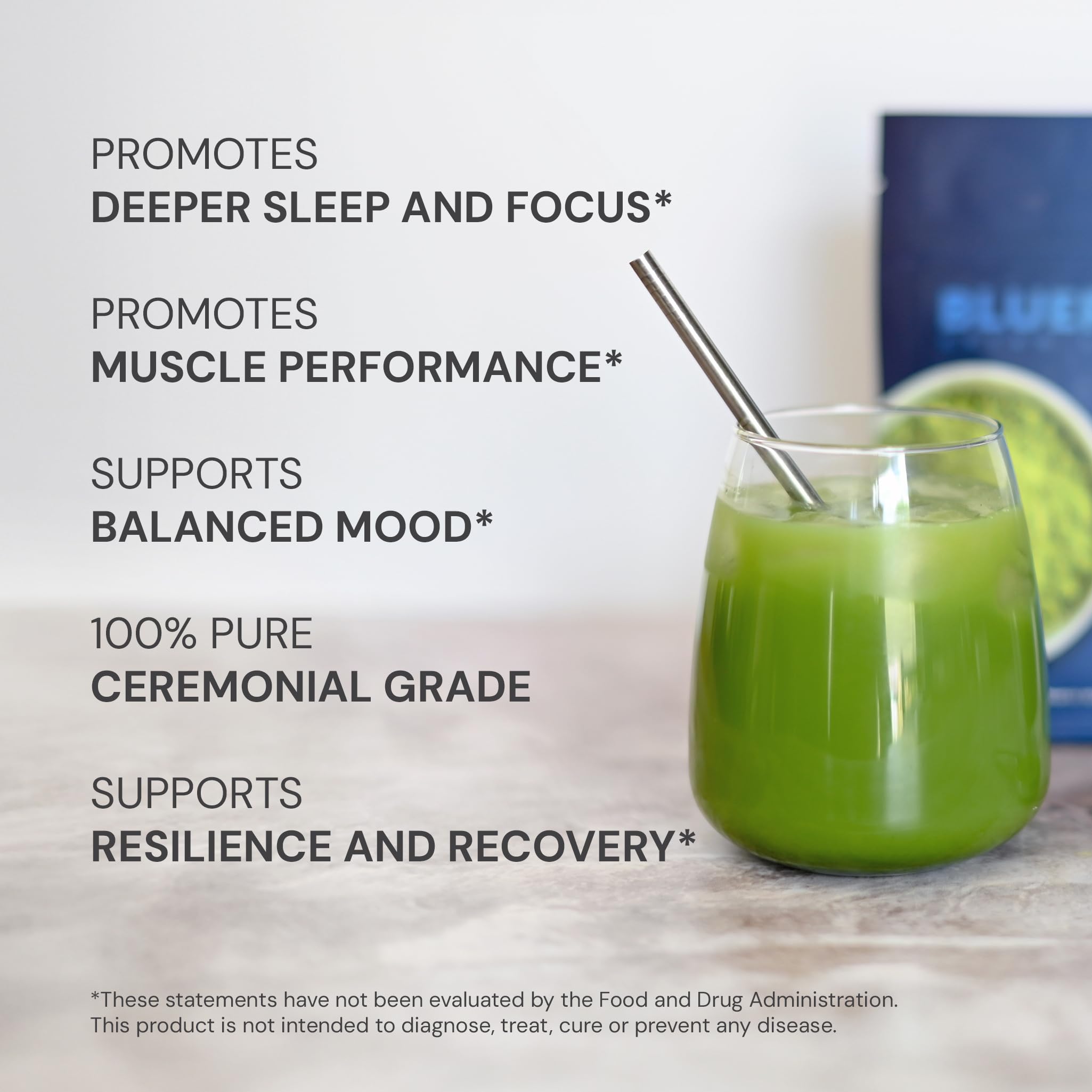 Blueprint Bryan Johnson ceremonial matcha powder finely ground green powder ready to whisk.
