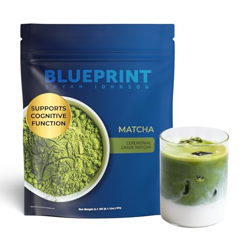 Blueprint Bryan Johnson Matcha powder jar showing ceremonial grade quality for traditional tea rituals.