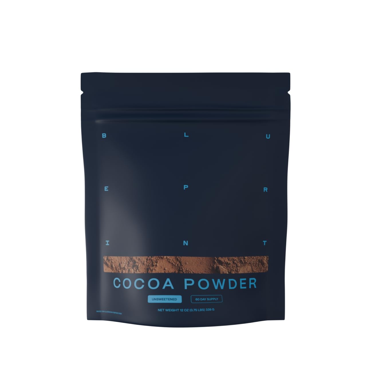 Blueprint Bryan Johnson non-dairy cocoa powder bag highlighting rich flavor for baking and smoothies