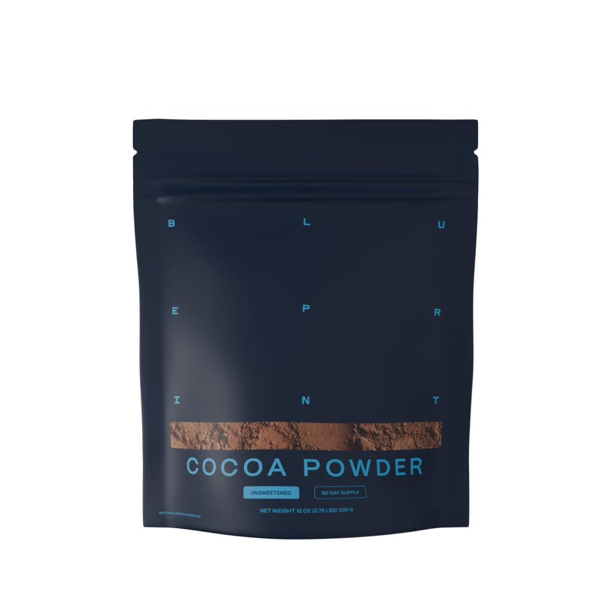 Blueprint Bryan Johnson non-dairy cocoa powder bag highlighting rich flavor for baking and smoothies