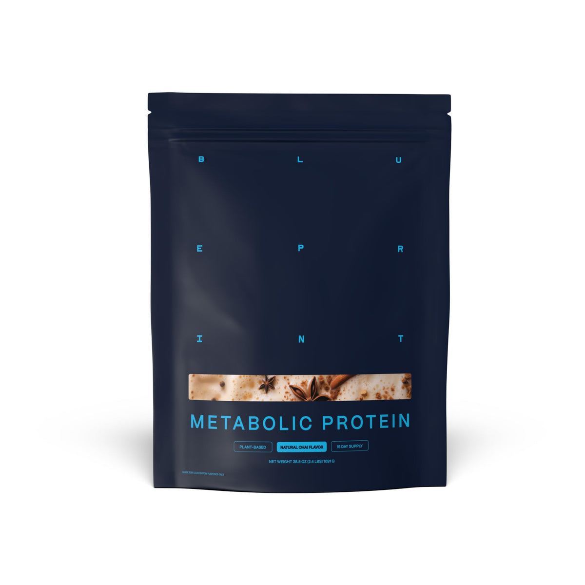 Blueprint Bryan Johnson vegan protein packaging shows a plant-based shake option for everyday fueling.