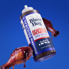 Blues Hog Original sauce on ribs delivering a glossy peppery finish
