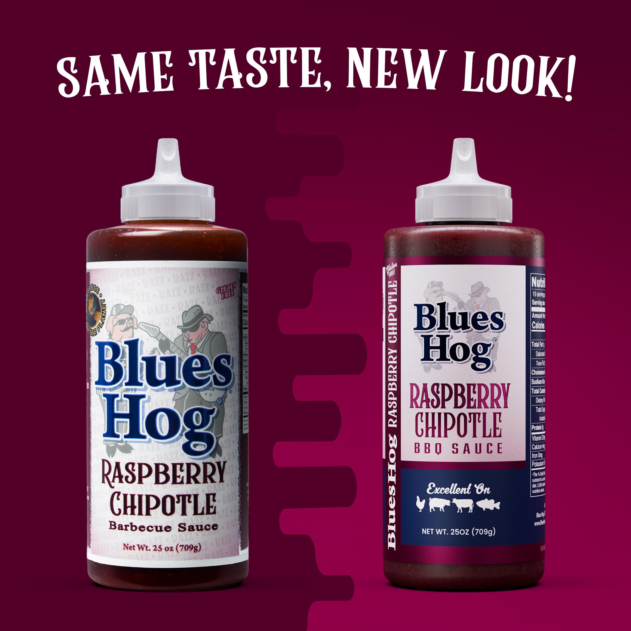 Blues Hog Raspberry Chipotle BBQ sauce jar label showcasing premium ingredients and gluten-free promise.