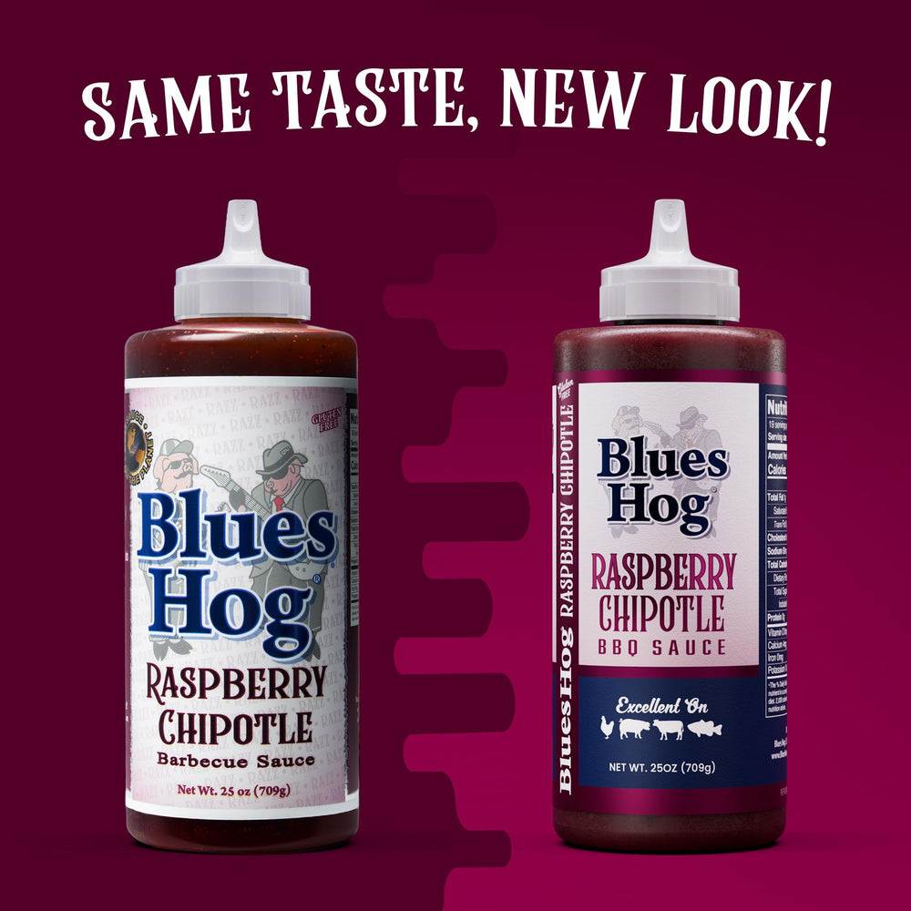 Blues Hog Raspberry Chipotle BBQ sauce jar label showcasing premium ingredients and gluten-free promise.