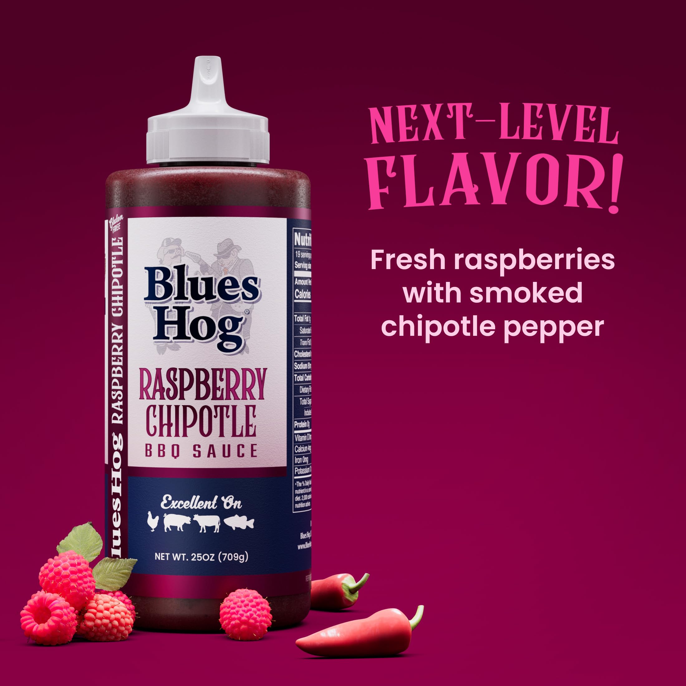 Pouring Blues Hog Raspberry Chipotle BBQ sauce over grilled chicken for a glossy, tangy glaze.