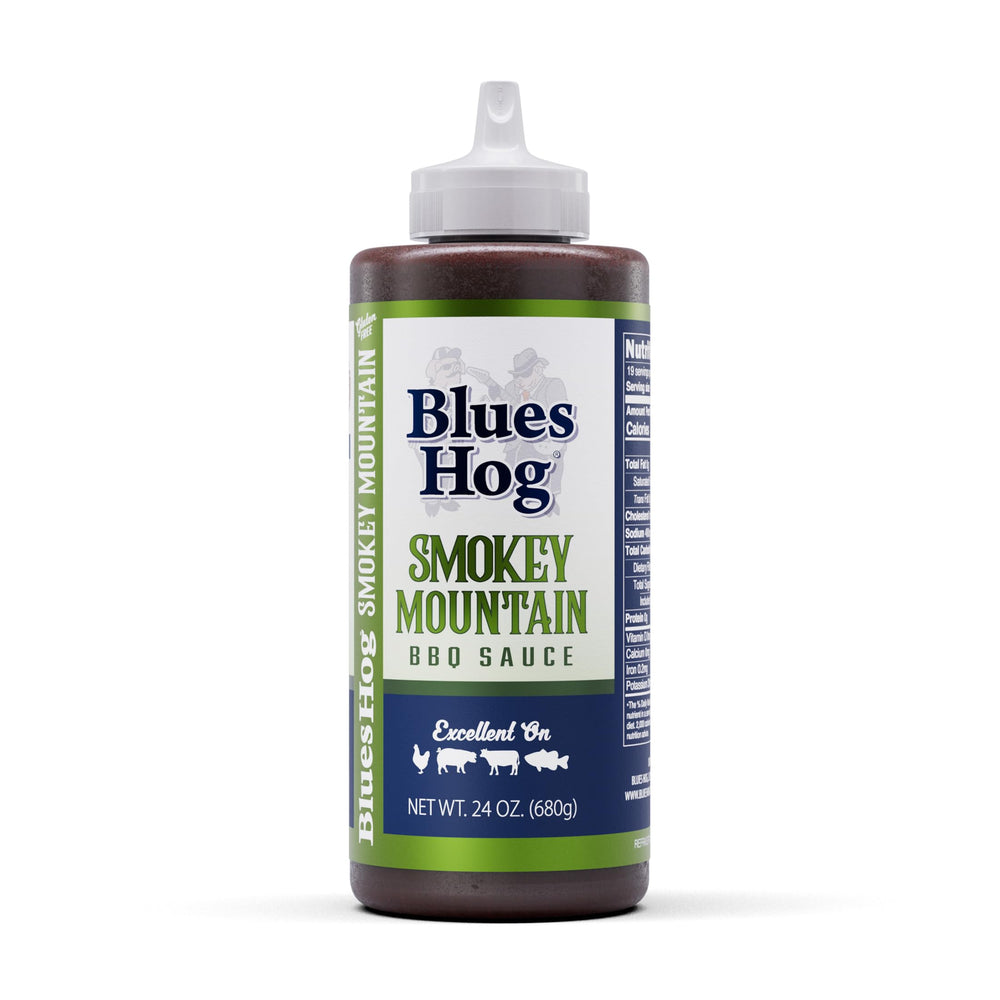 Blues Hog Smokey Mountain BBQ Sauce bottle showing hickory-smoked flavor for bold grilling.