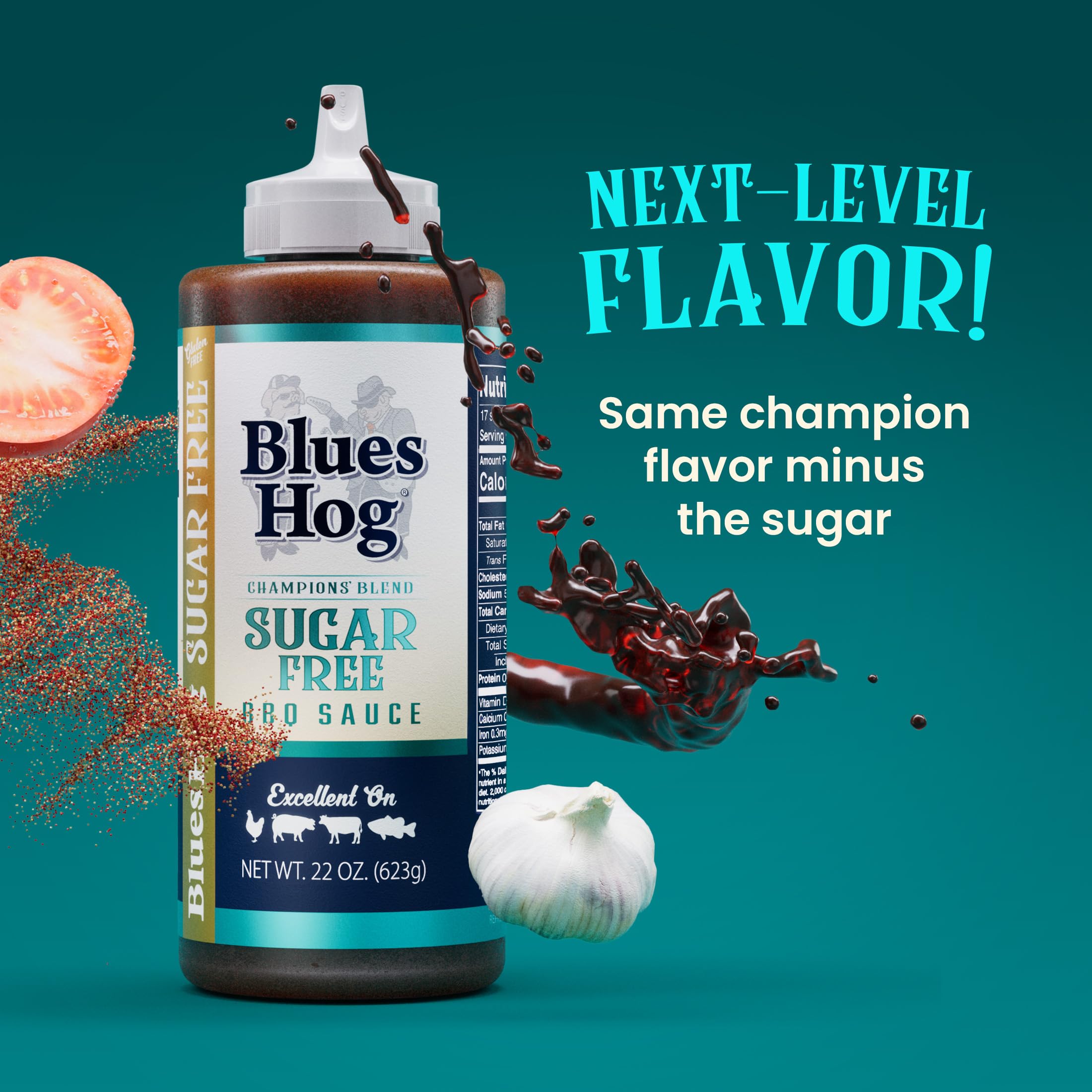 Blues Hog Sugar Free Champions' Blend label, gluten-free and USA-made claim.