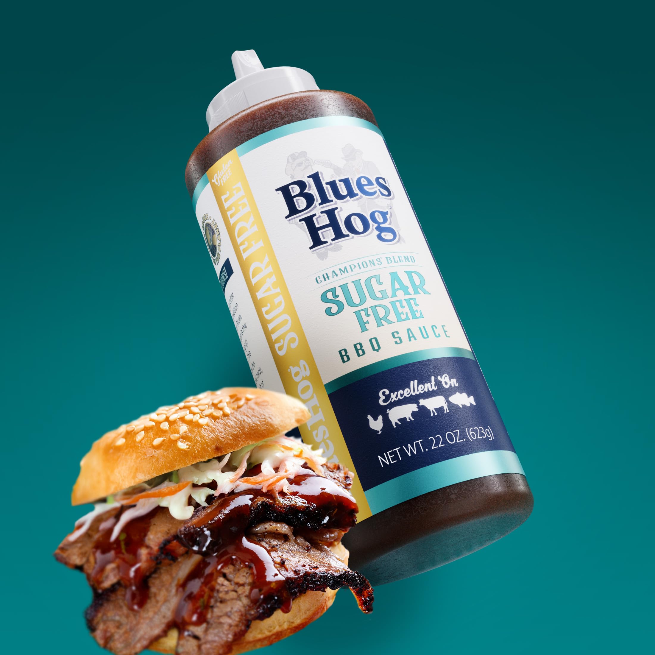 Blues Hog Sugar Free Champions' Blend on ribs, bold tangy finish.
