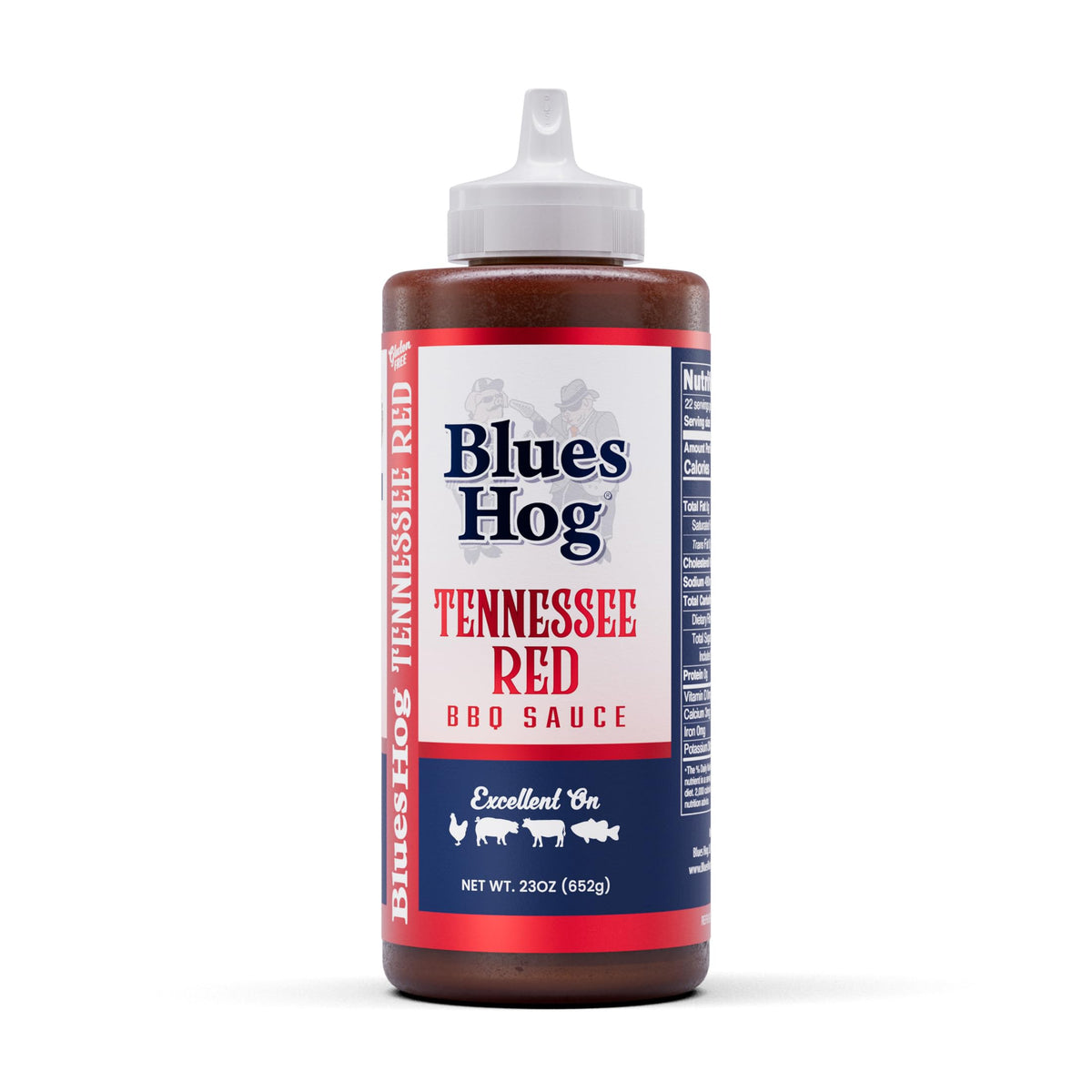 Blues Hog Tennessee Red BBQ Sauce bottle pour shows tangy flavor ideal for grilling