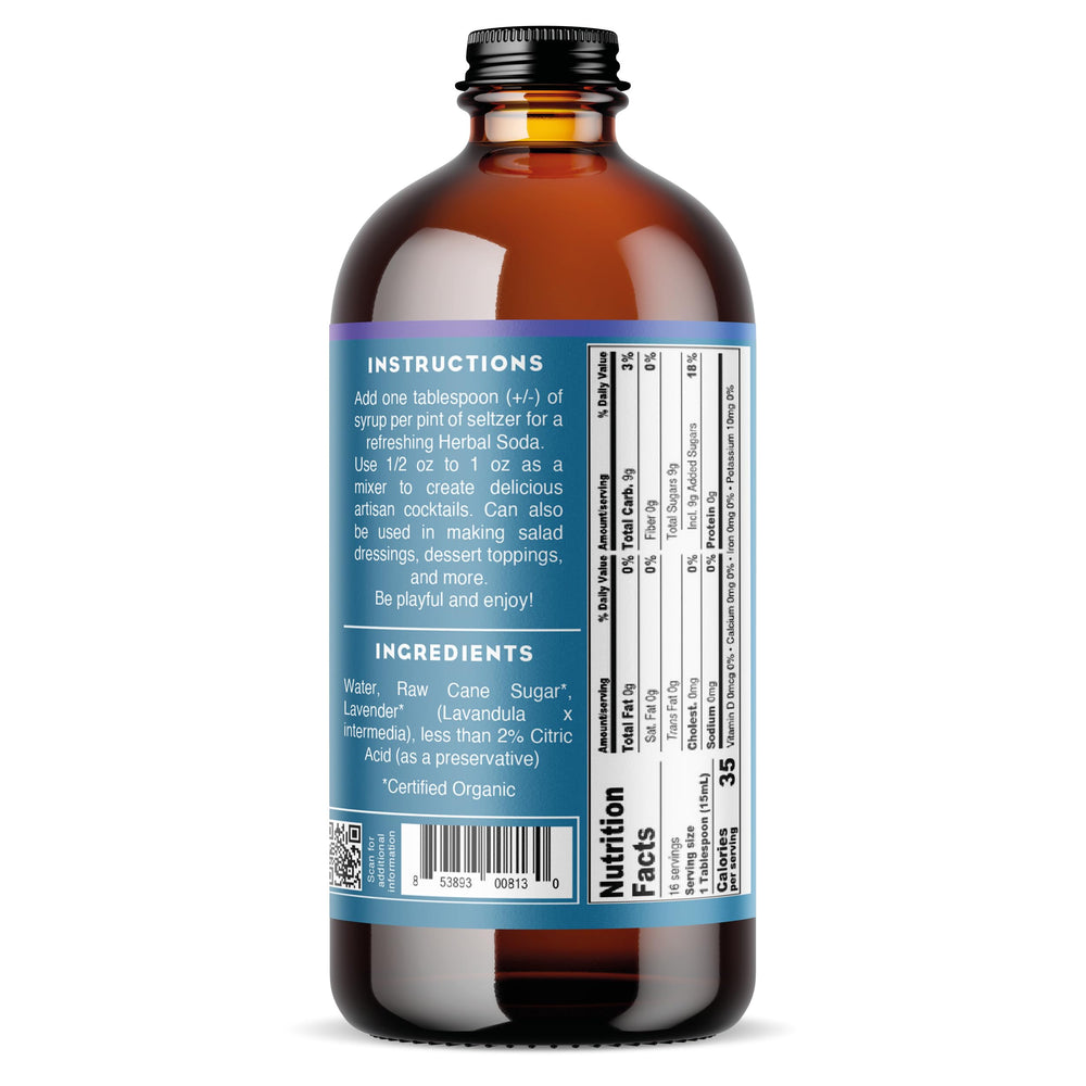 Bluestem Botanicals Lavender Simple Syrup bottle with lavender bloom close-up for aromatics.