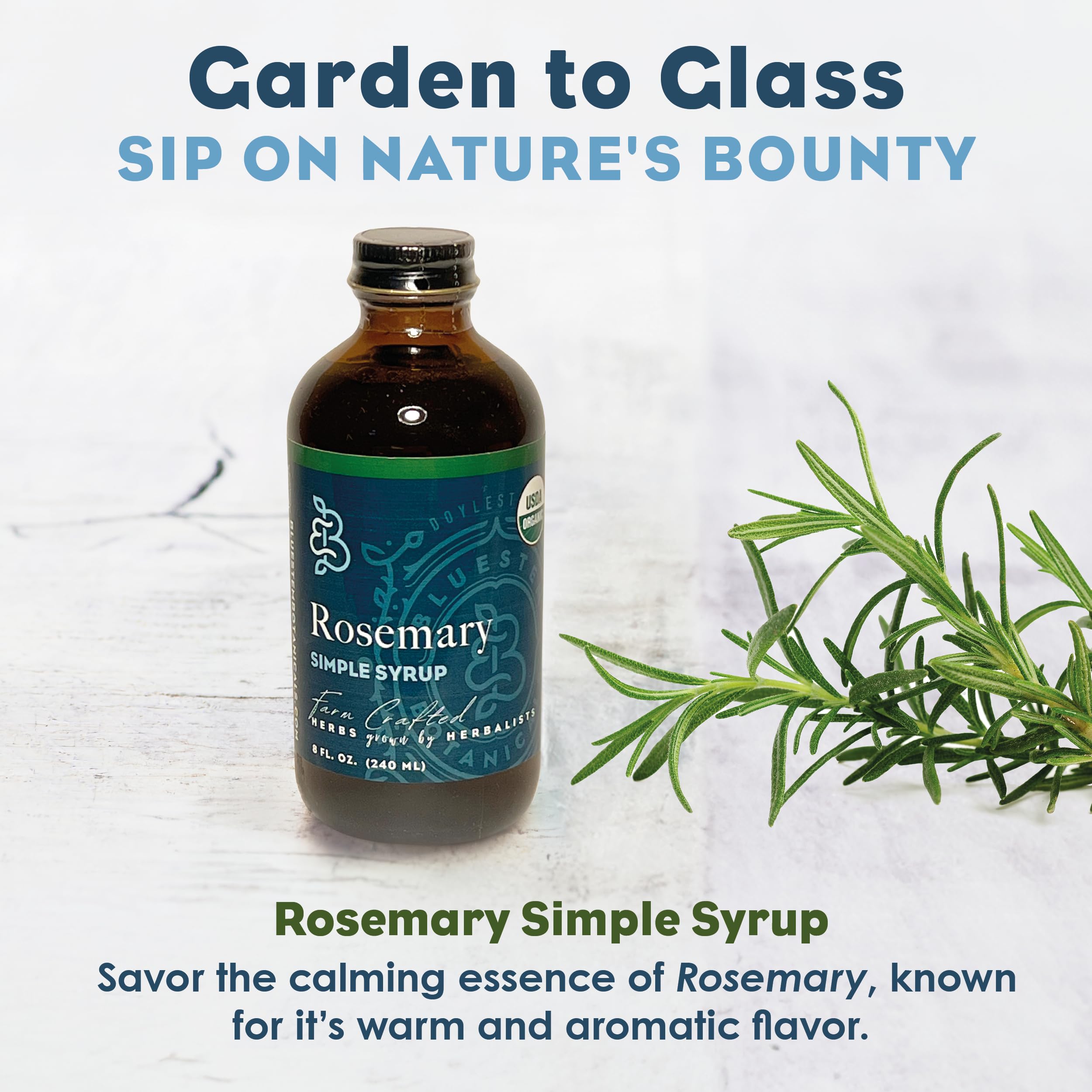 Bluestem Botanicals Rosemary Simple Syrup packaging and farm-to-table story.