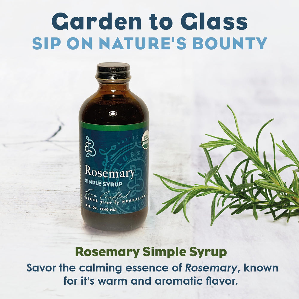 Bluestem Botanicals Rosemary Simple Syrup packaging and farm-to-table story.