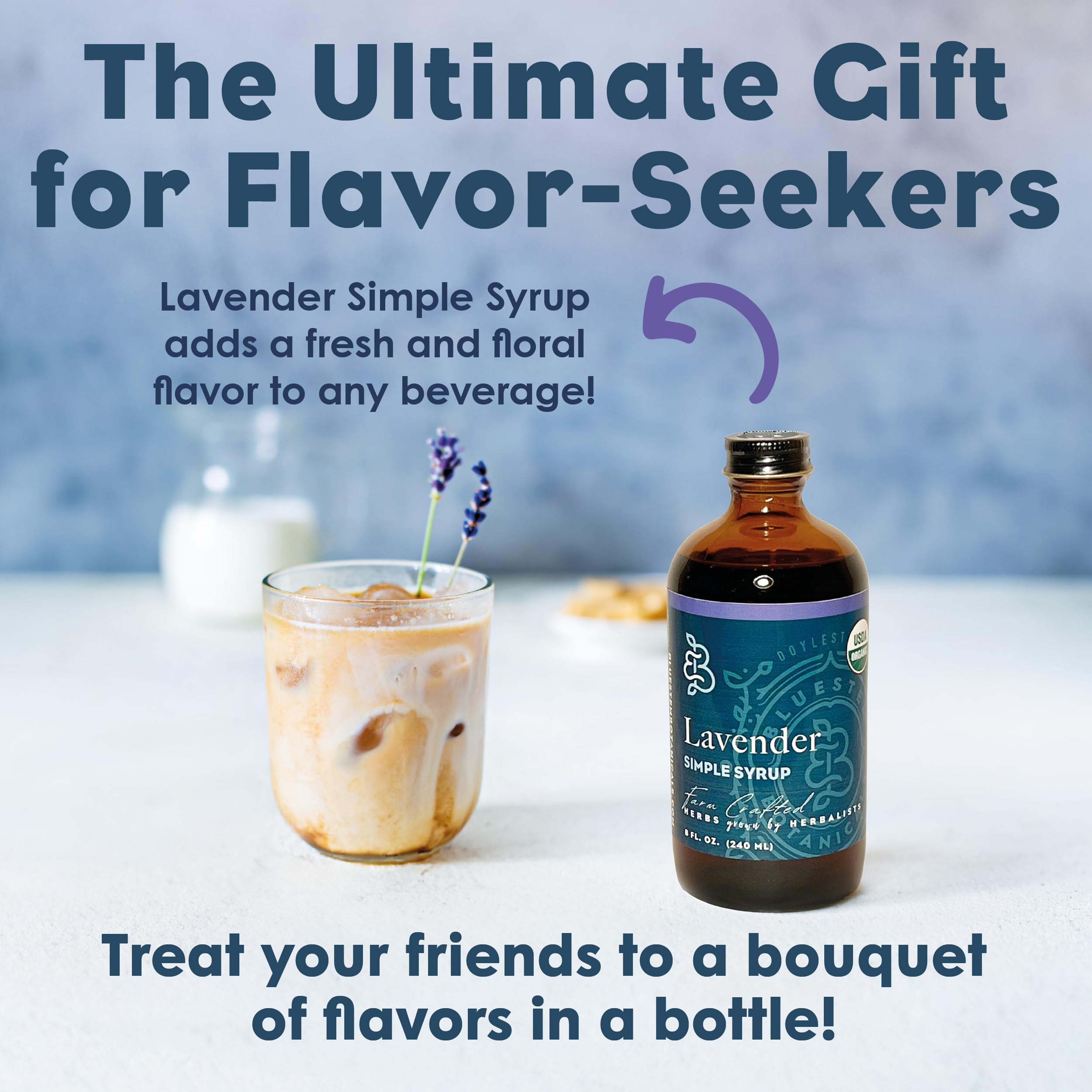 Bluestem Botanicals Lavender Simple Syrup added to a latte for floral notes.