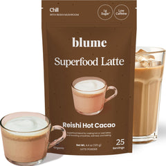 Blume Reishi Hot Cacao Powder bottle for a soothing latte ritual.