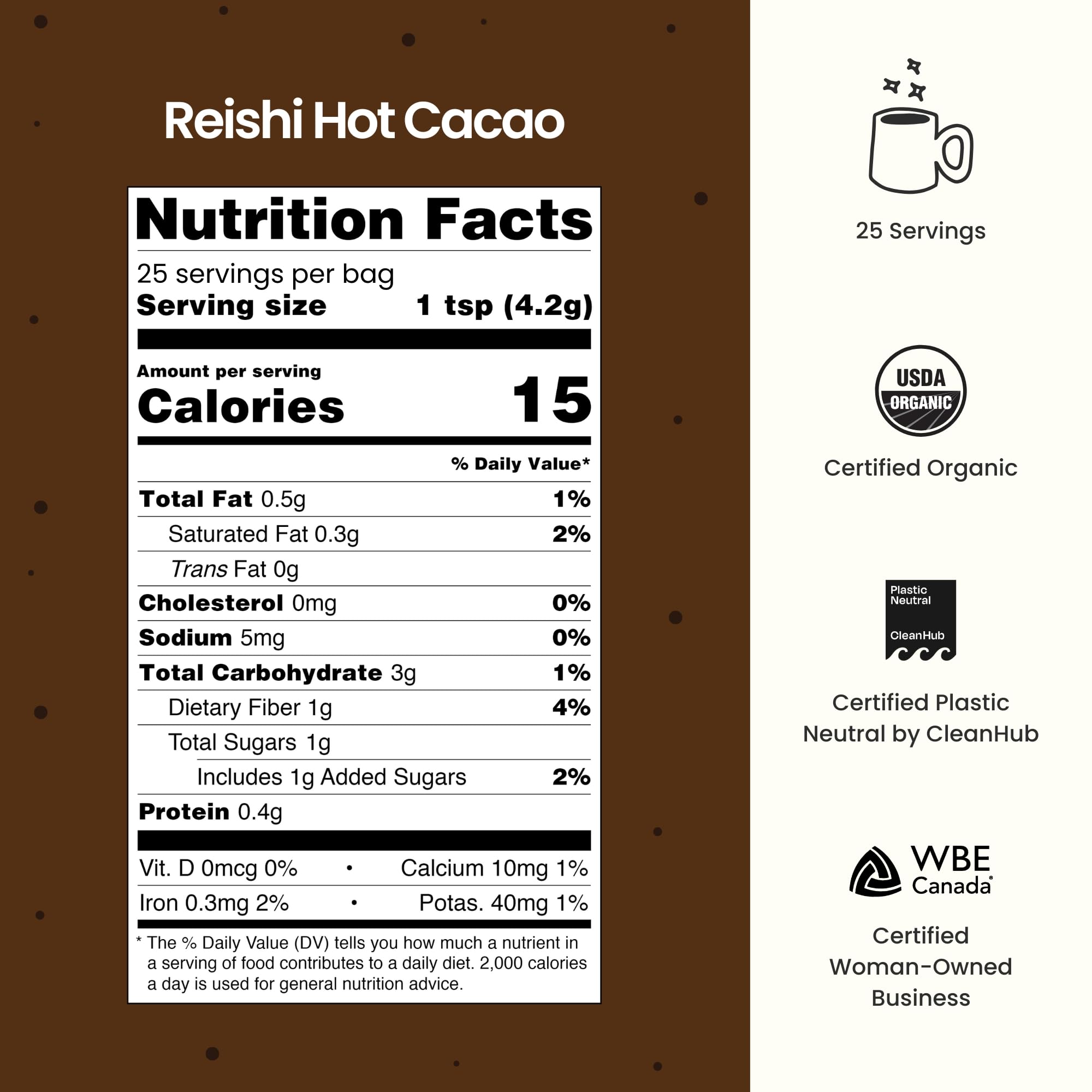 Blume Reishi Hot Cacao Powder tub label with organic cacao and mushrooms.