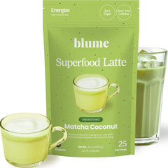 Blume Superfoods Latte powder in a tin showing a smooth energy-boosting mix