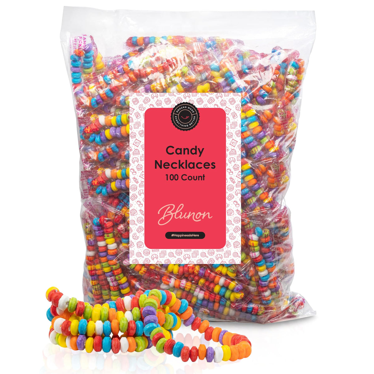 Blunon candy necklaces bulk 100-count with individually wrapped beads, great for party favors and shareable treats.