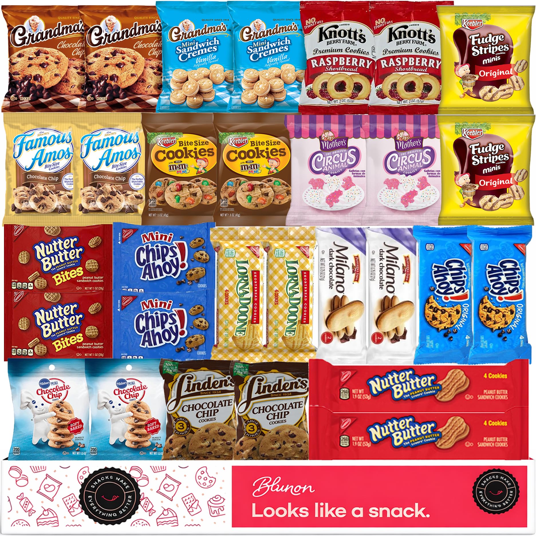 Blunon's Cookies Variety Pack with 30 single-serve bags for easy sharing.