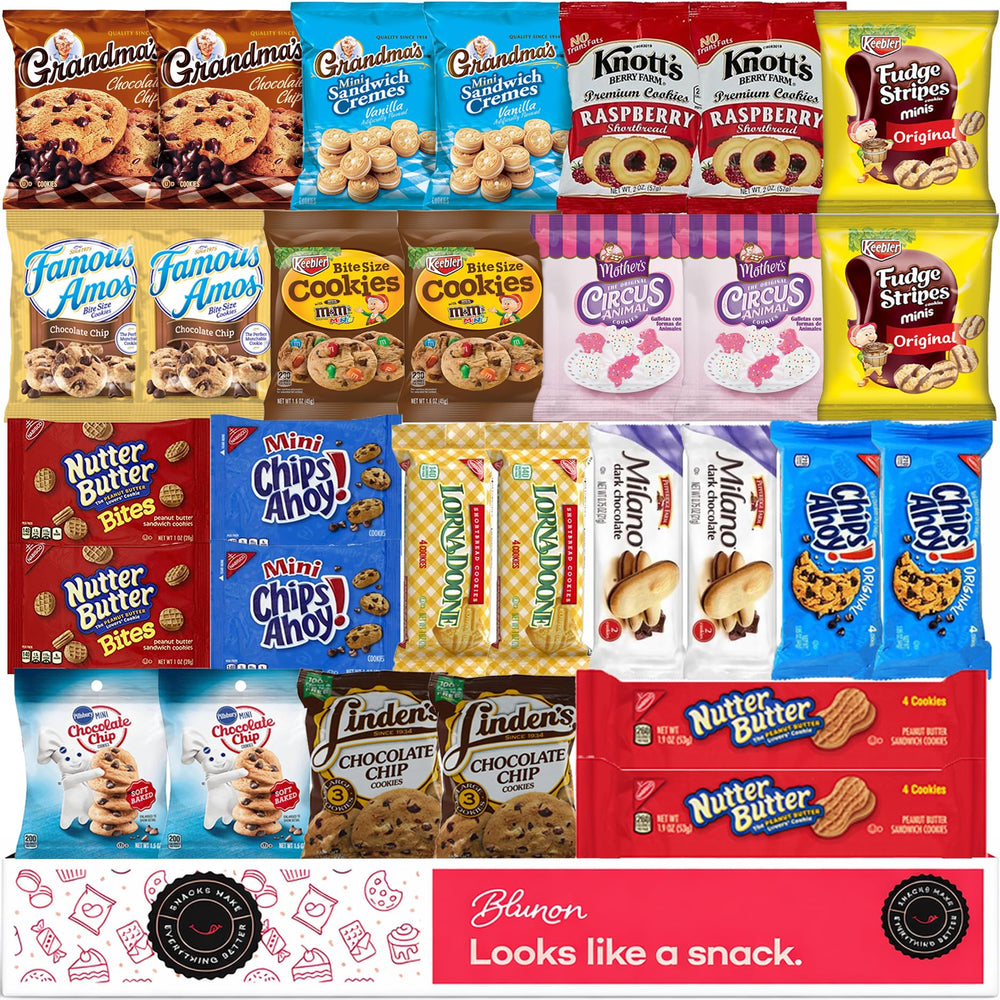 Blunon's Cookies Variety Pack with 30 single-serve bags for easy sharing.