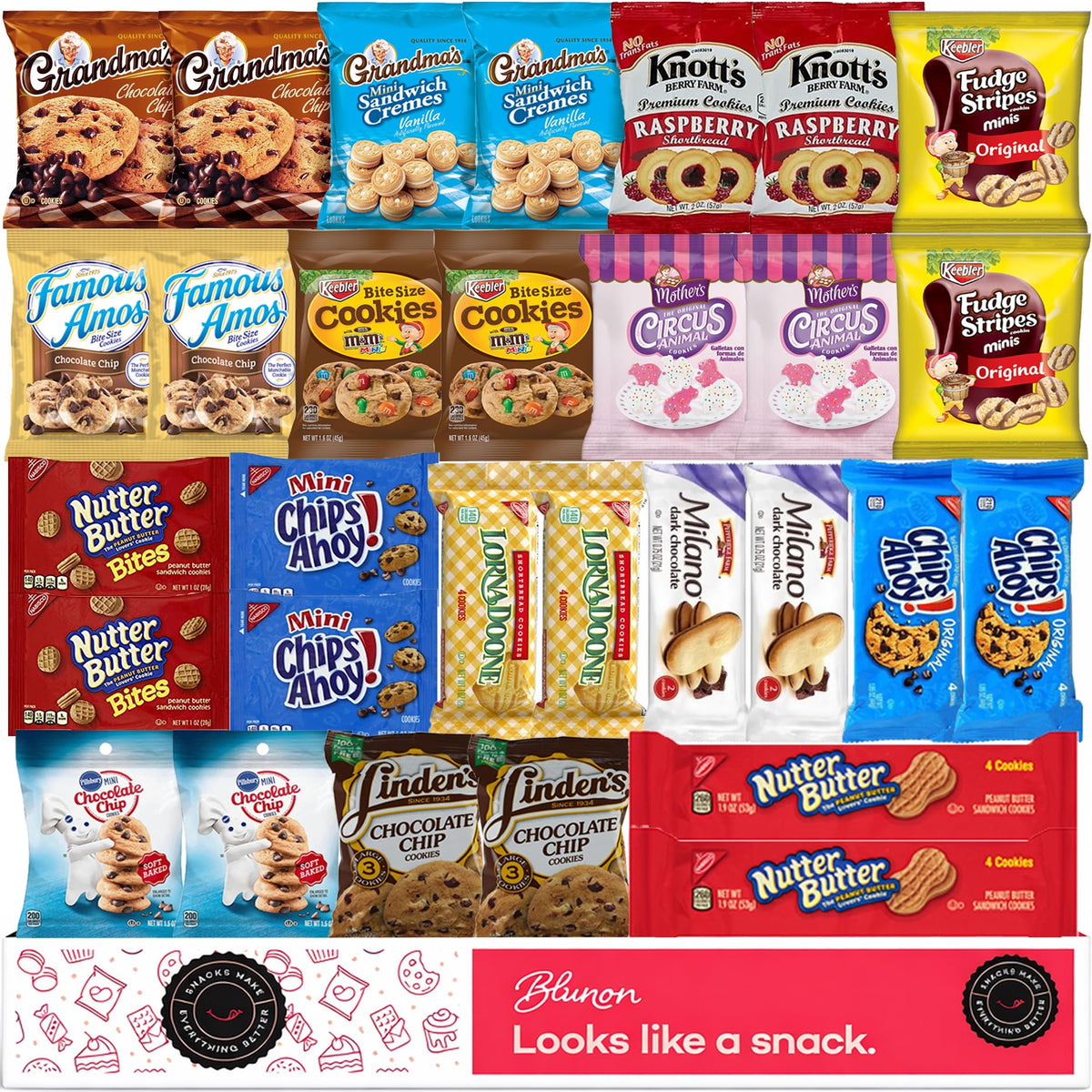 Blunon's Cookies Variety Pack with 30 single-serve bags for easy sharing.