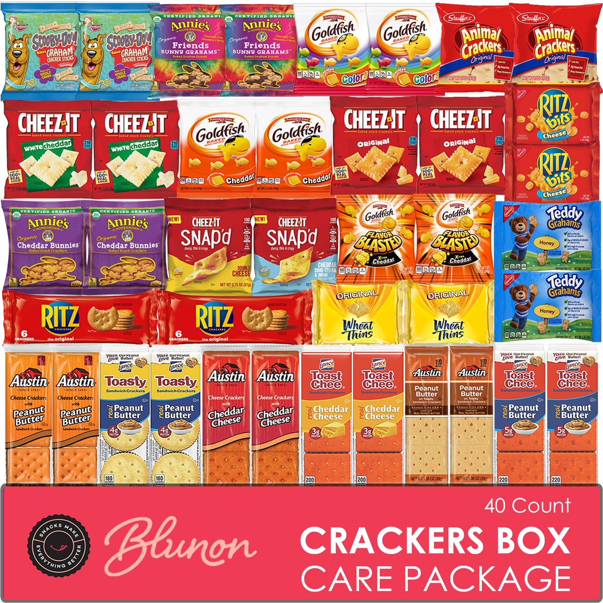 Blunon Crackers Variety Pack with 40 individually wrapped snacks for easy pantry stocking.