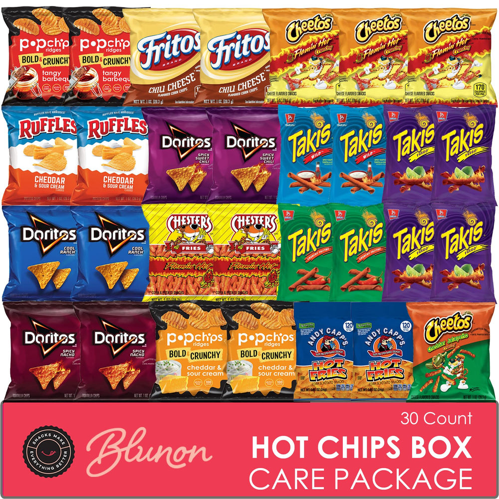Blunon hot chips variety pack box front, ideal for gifting and bulk snacking.