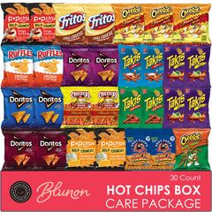 Blunon hot chips variety pack box front, ideal for gifting and bulk snacking.