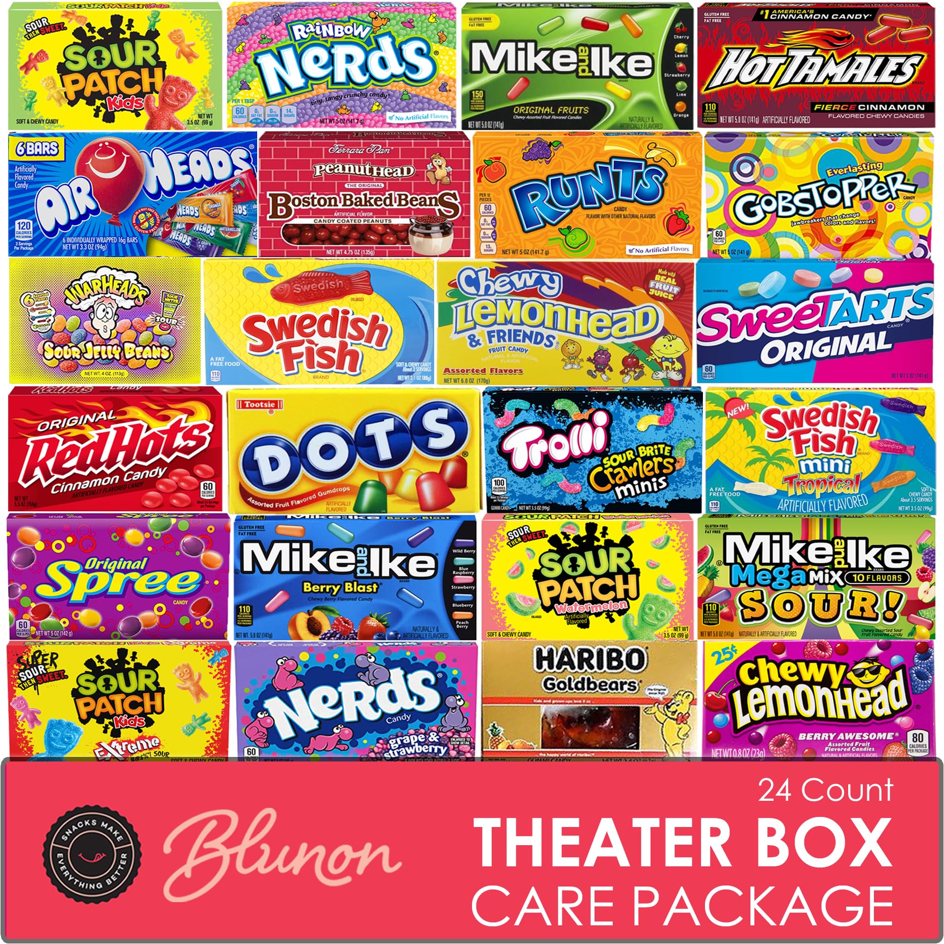 Blunon Movie Theater Candy variety pack: 24 large theater-size boxes for easy sharing.
