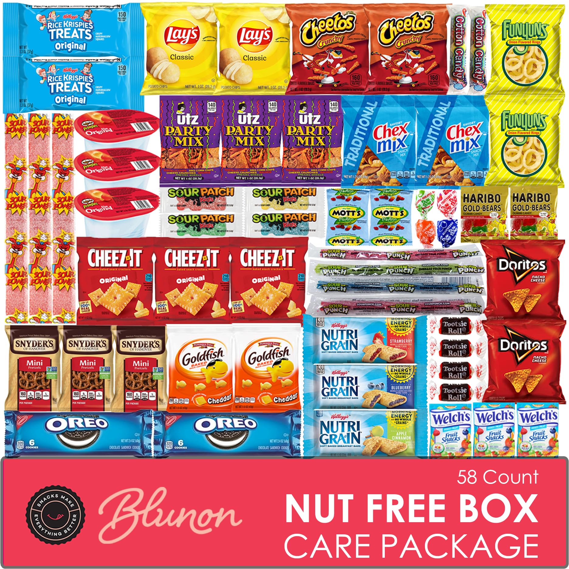 Blunon peanut-free snacks variety pack box showcases safe, allergy-friendly treats for families.