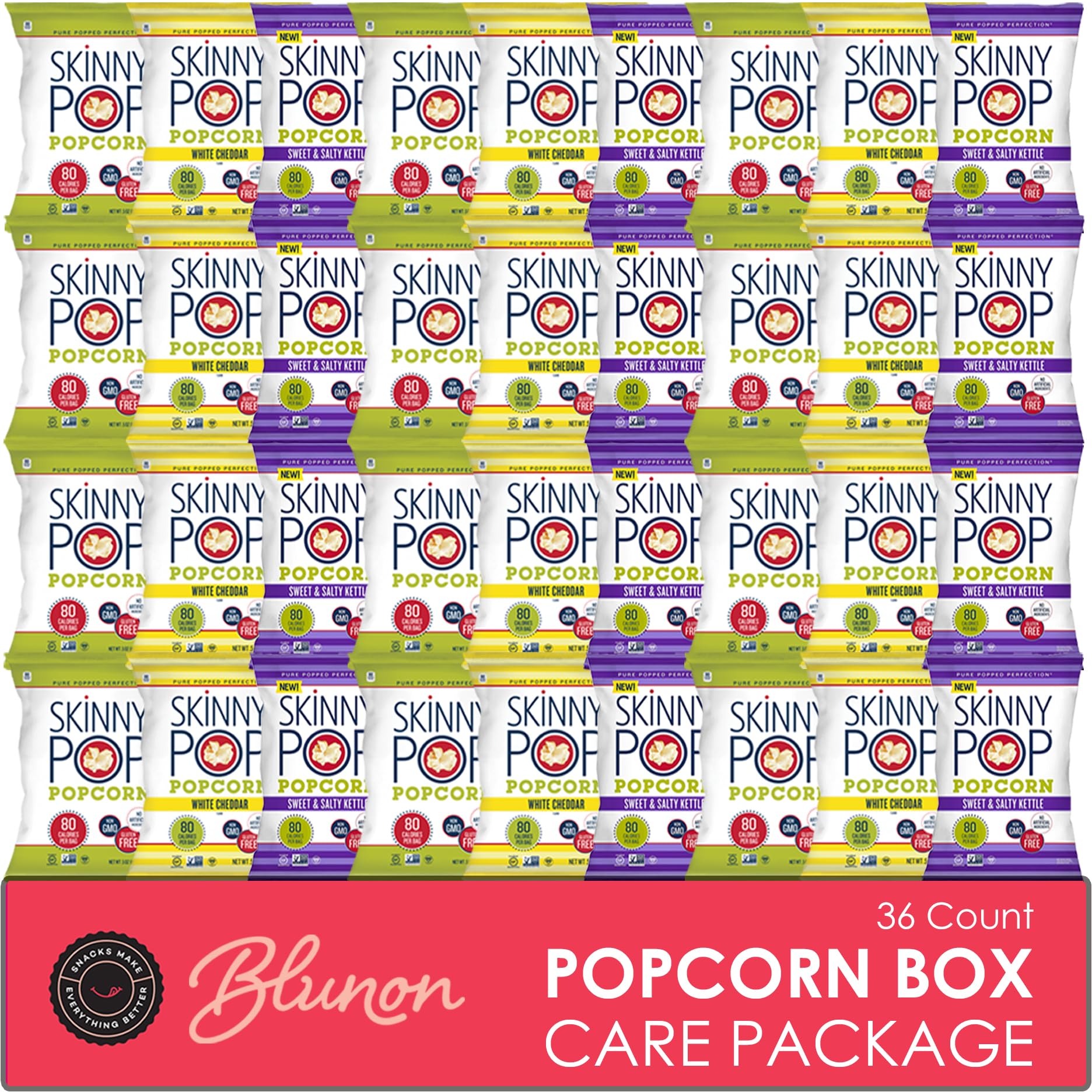 Blunon Skinny Pop variety pack box displaying three flavors for convenient snacking.
