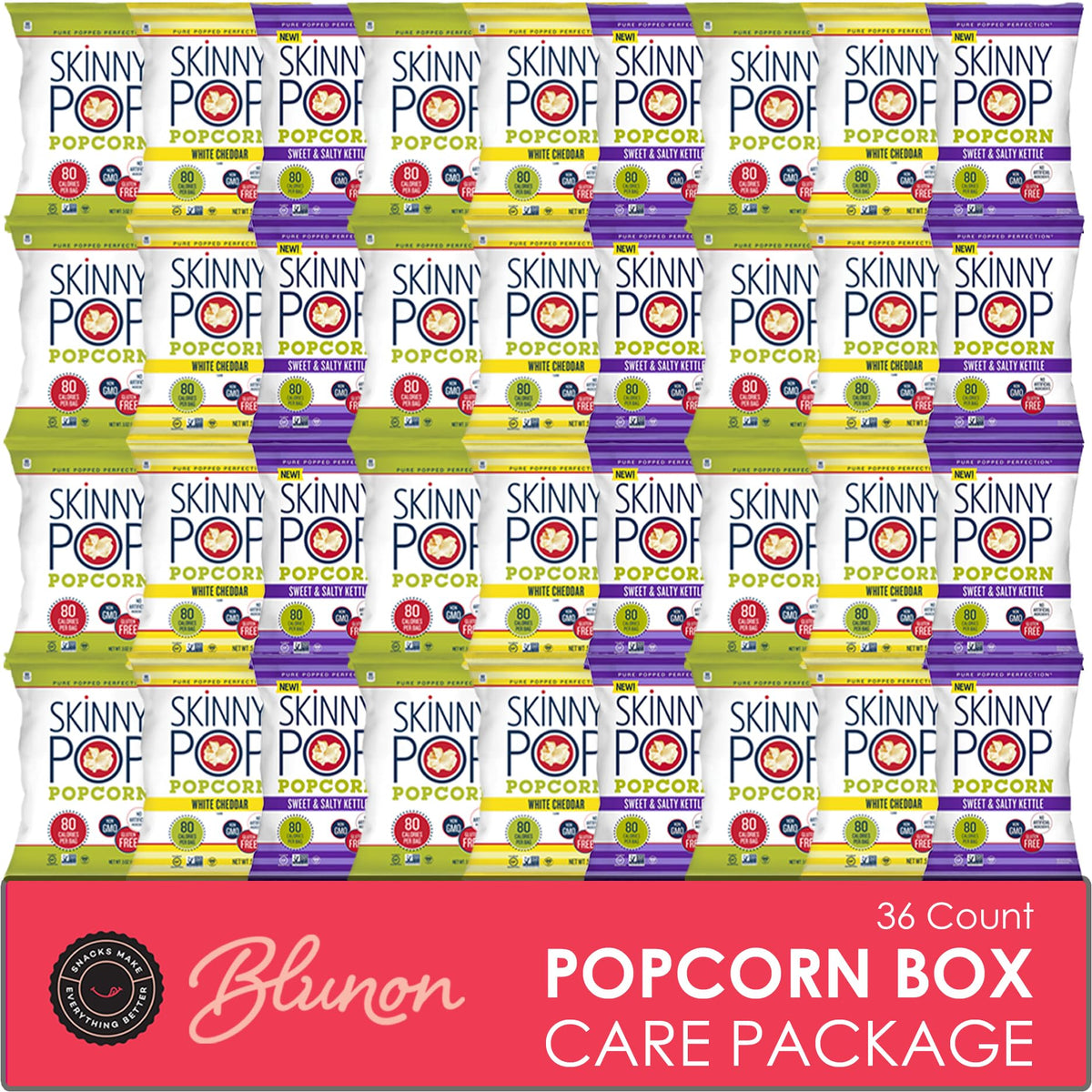 Blunon Skinny Pop variety pack box displaying three flavors for convenient snacking.