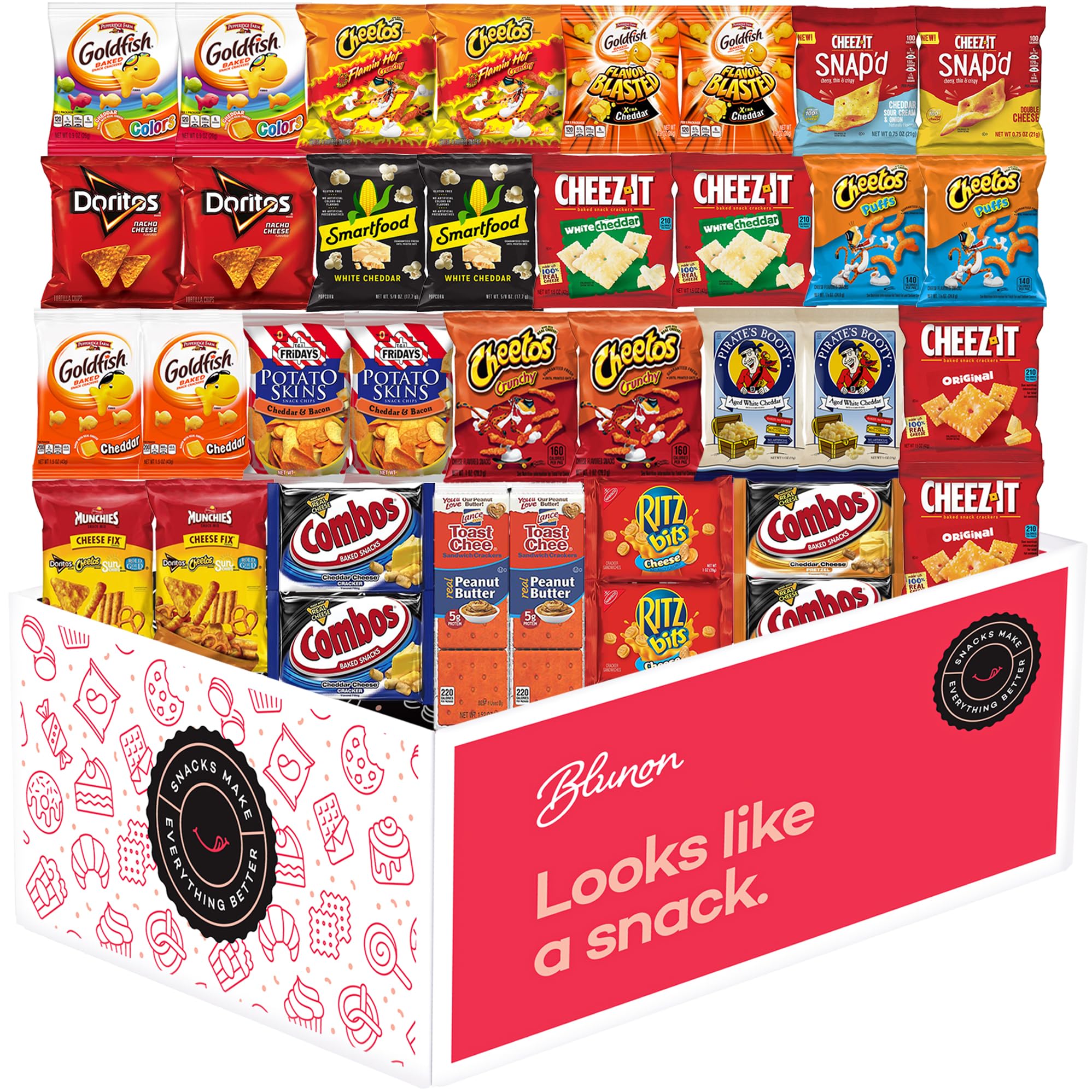 Blunon snacks assortment closeup showing cheesy and savory flavors for cravings.