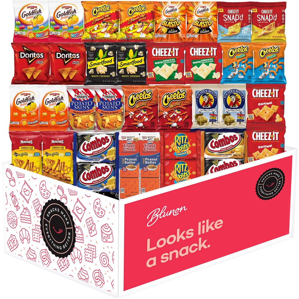 Blunon snacks assortment closeup showing cheesy and savory flavors for cravings.