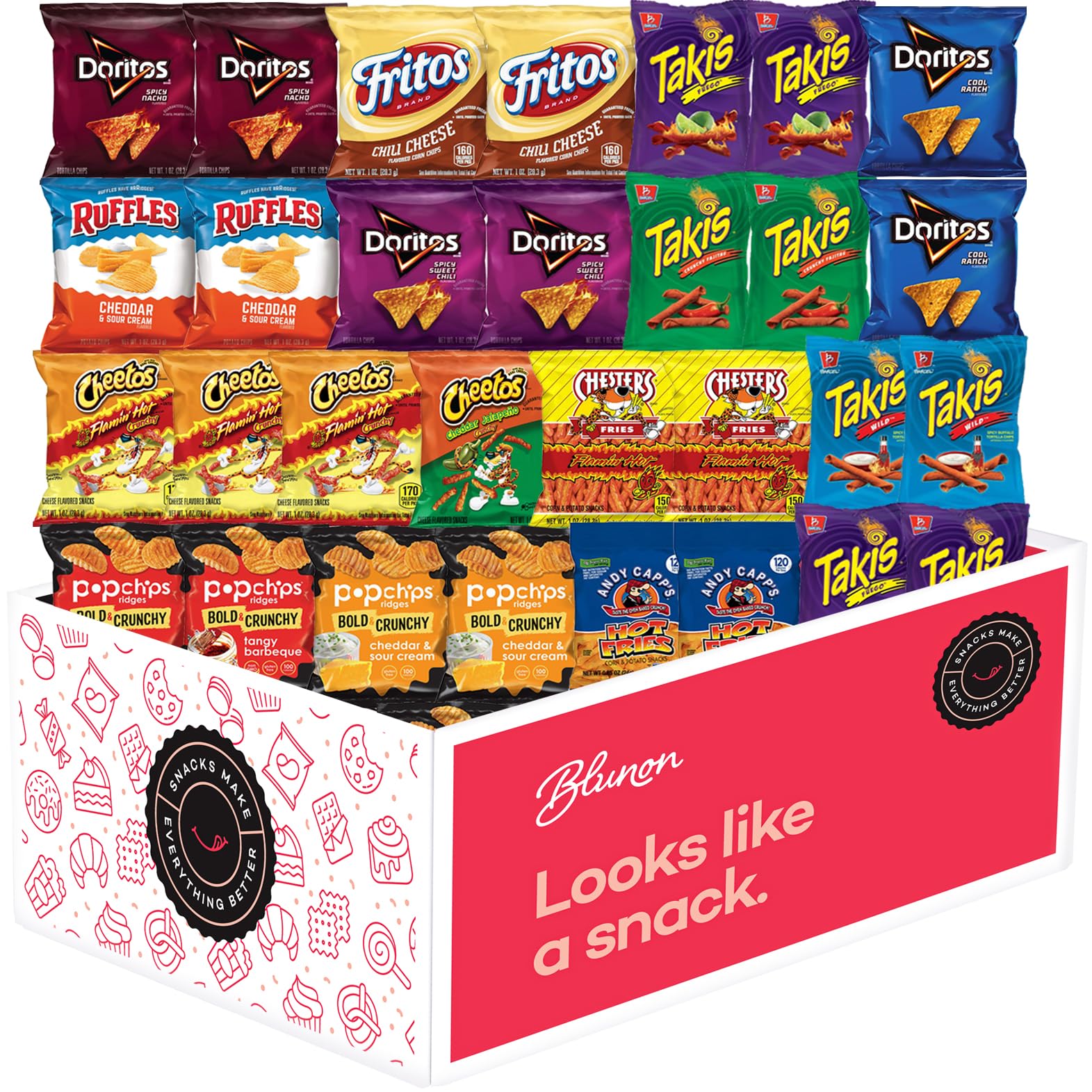 Blunon snacks assortment closeup highlighting bold flavors for on-the-go munching.