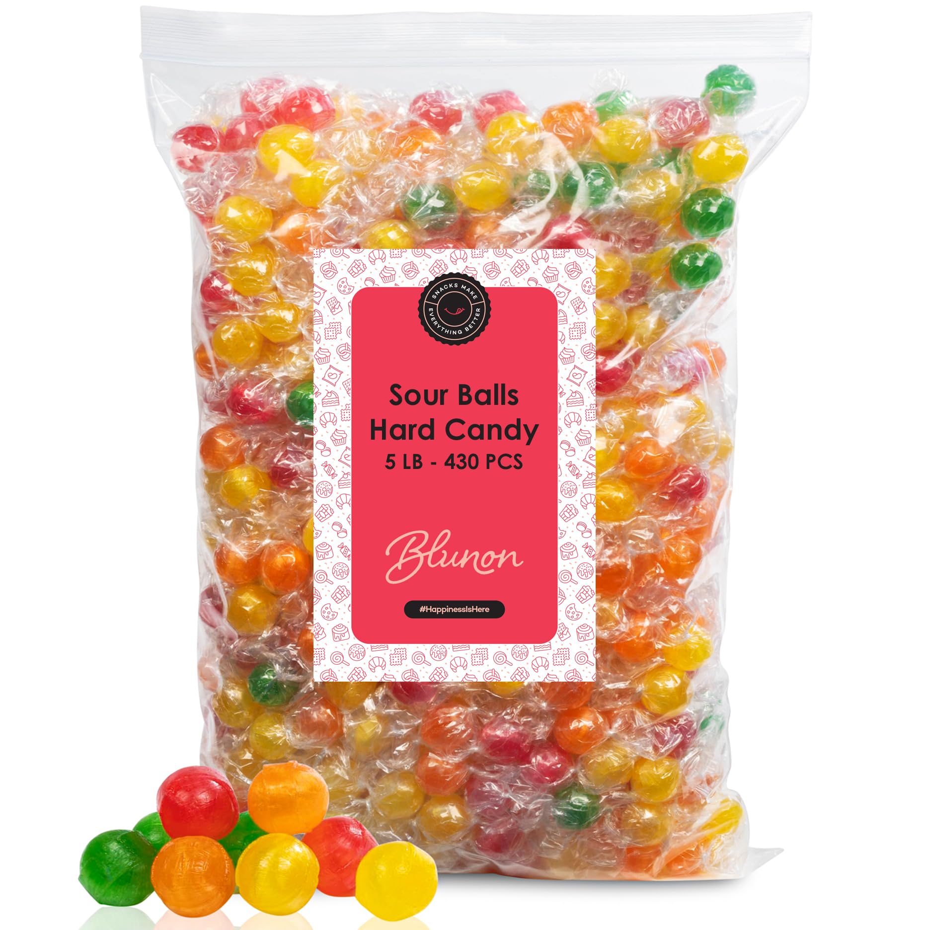 Blunon Sour Balls assorted fruit flavors in a 5 lb bag, ideal for sharing.