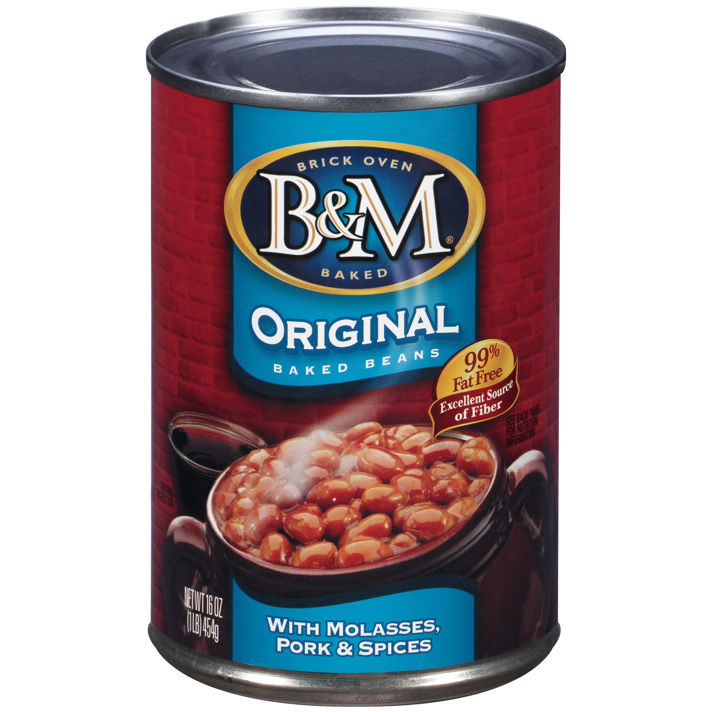 B&M Original Baked Beans in brick-oven view, slow-baked for deep flavor.