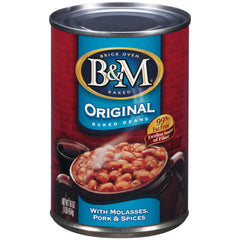 B&M Original Baked Beans in brick-oven view, slow-baked for deep flavor.