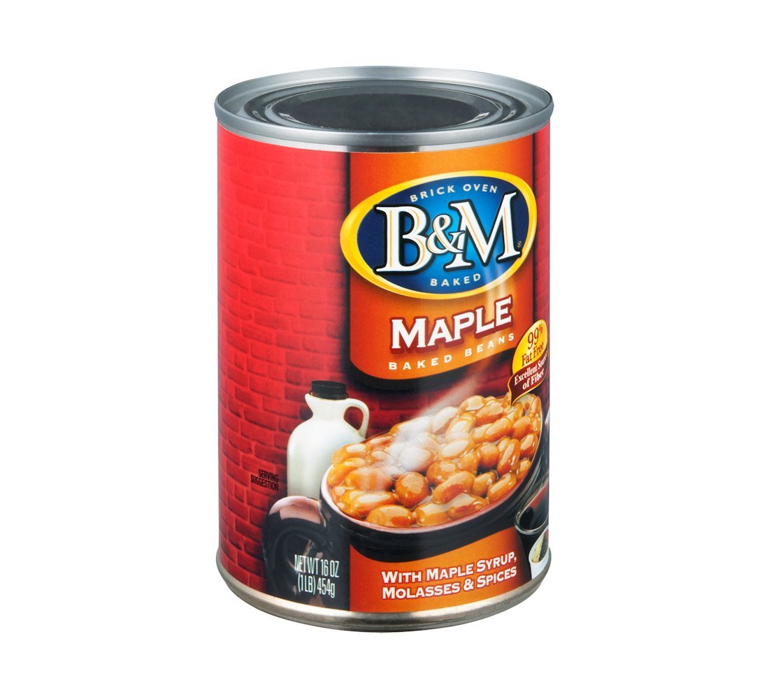 Bm baked beans with real maple flavor, rich sauce, ideal fiber-rich side dish.