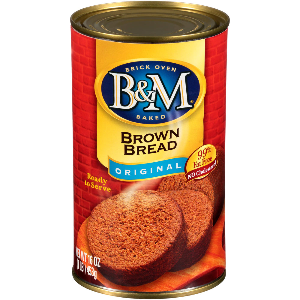 B&M Brown Bread Original on a kitchen counter with spreads and fillings.